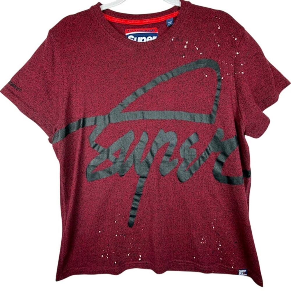 Superdry T-Shirt 2XL‎ Burgundy Grit Cursive Logo Paint Splatter Graphic
